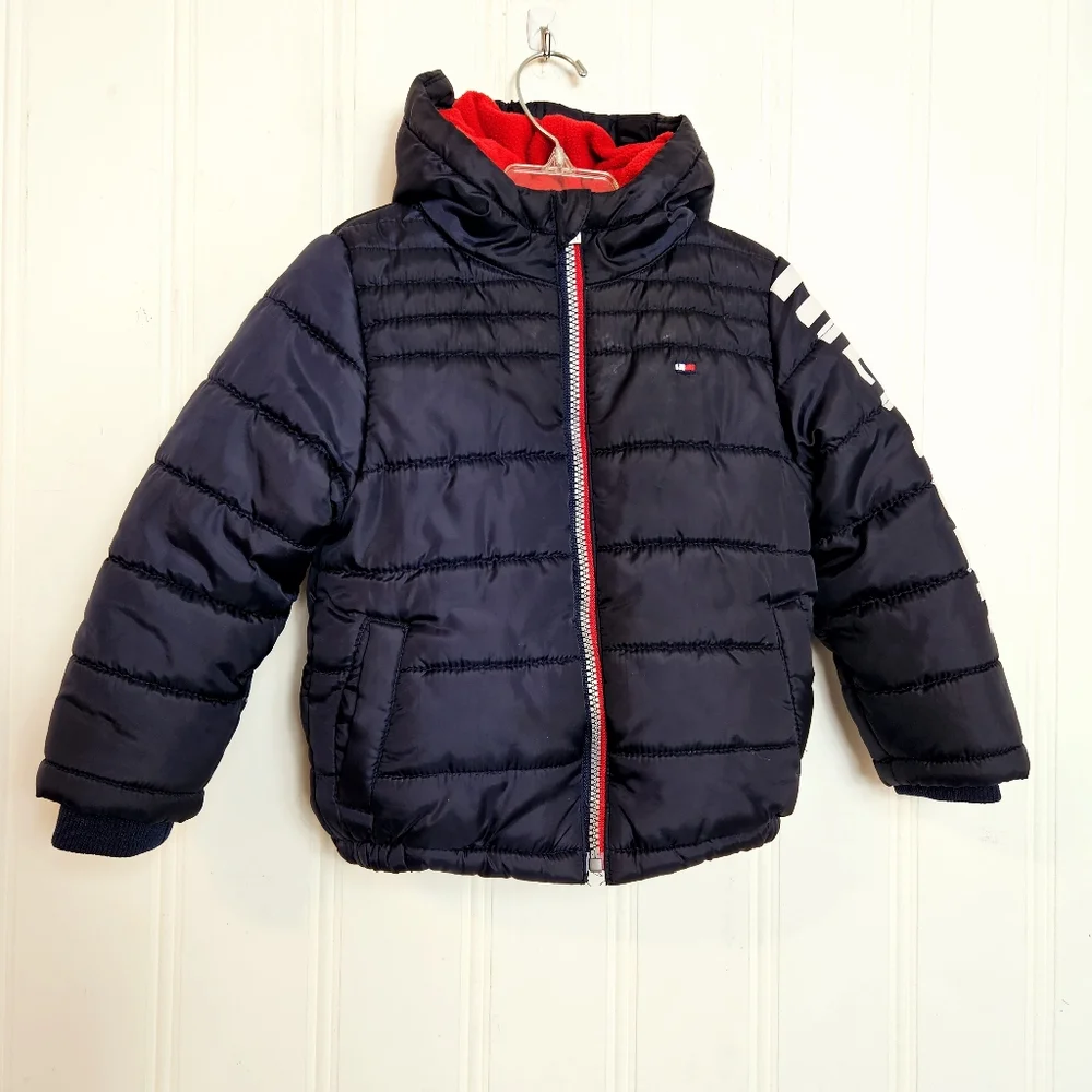 Tommy Hilfiger Boys Puffer Jacket 3T Fleece Lined Hooded Winter Coat Navy Blue